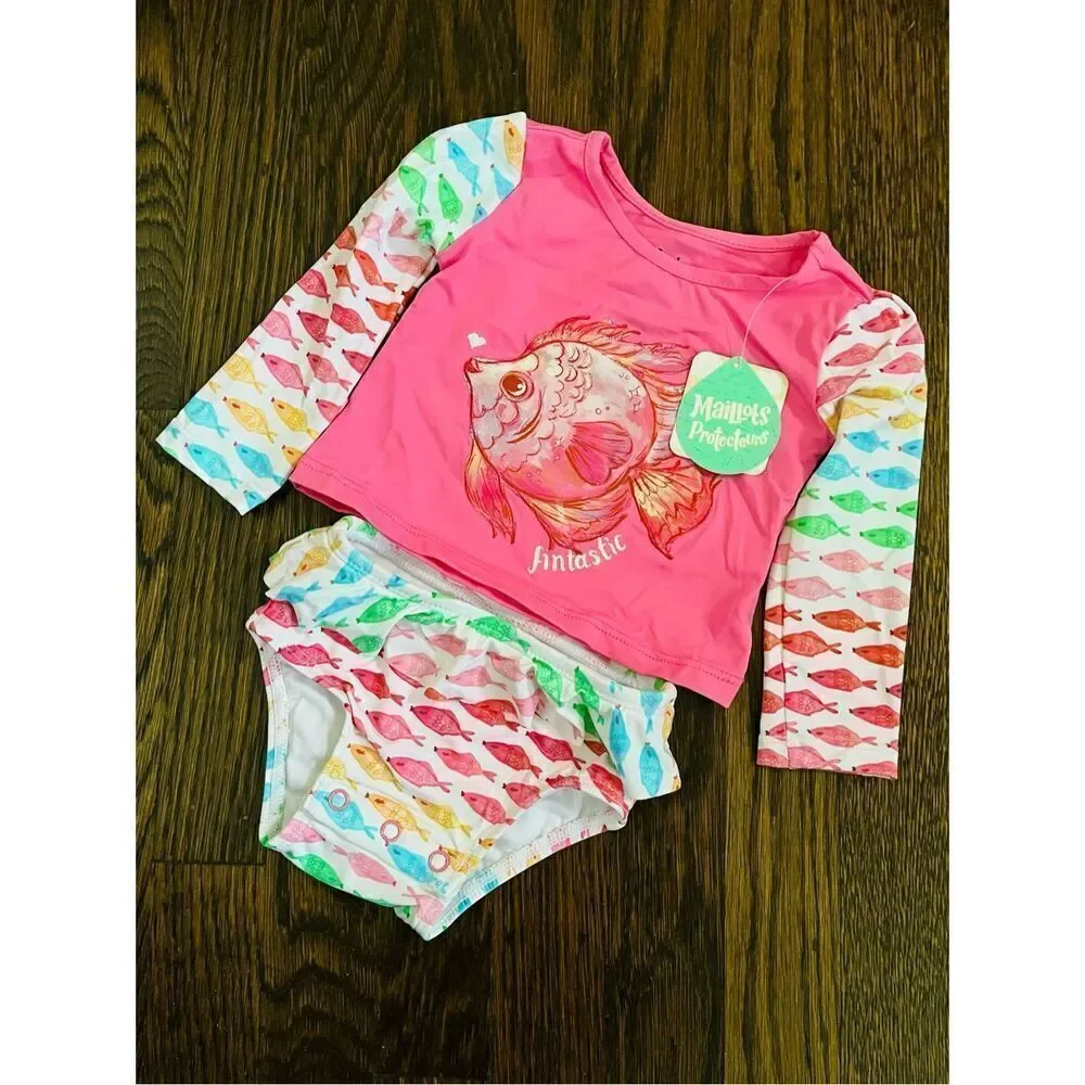 NEW Hatley Watercolour Fishies 3-6 Months Baby 2-piece Rashguard Swimsuit